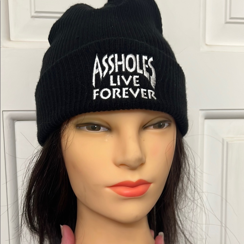 Black Knit Beanie Winter Hat with Bold White Text